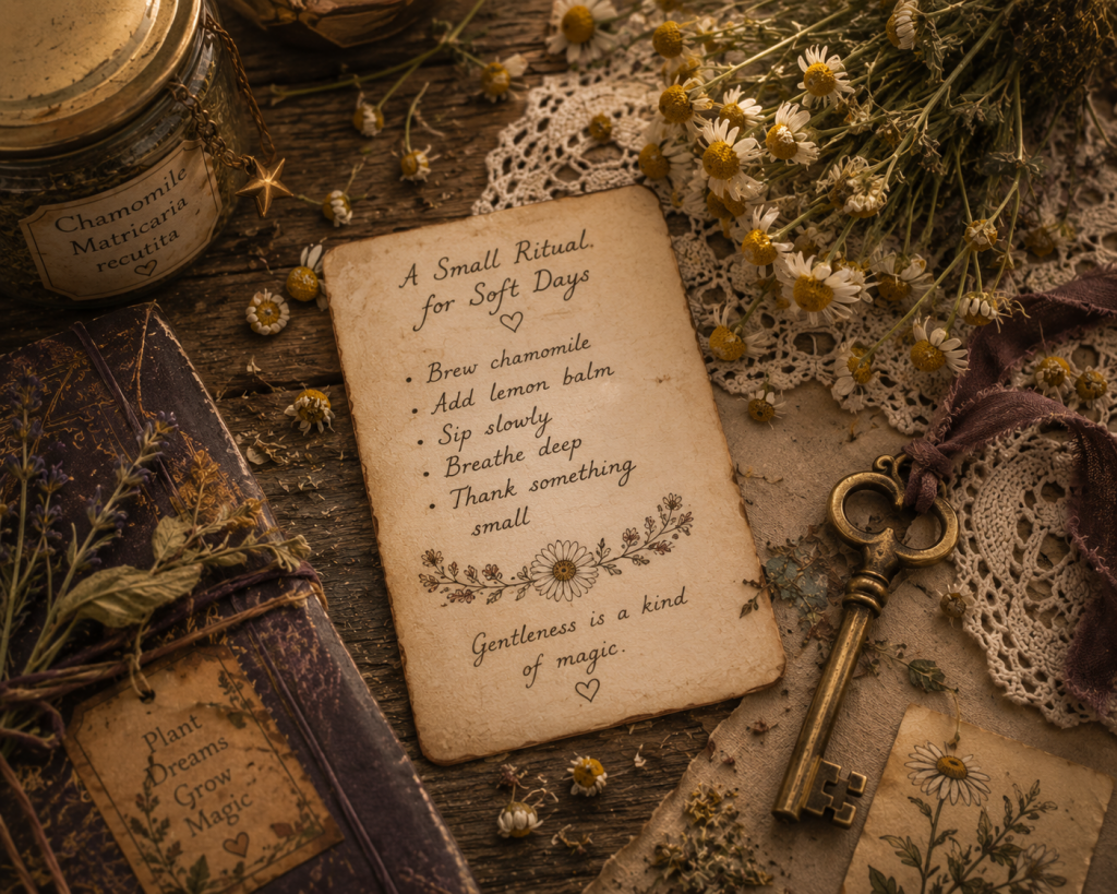A pocket-sized handwritten ritual note tucked beside dried chamomile and a brass key, delicate flat-lay composition, quiet magical aesthetic.