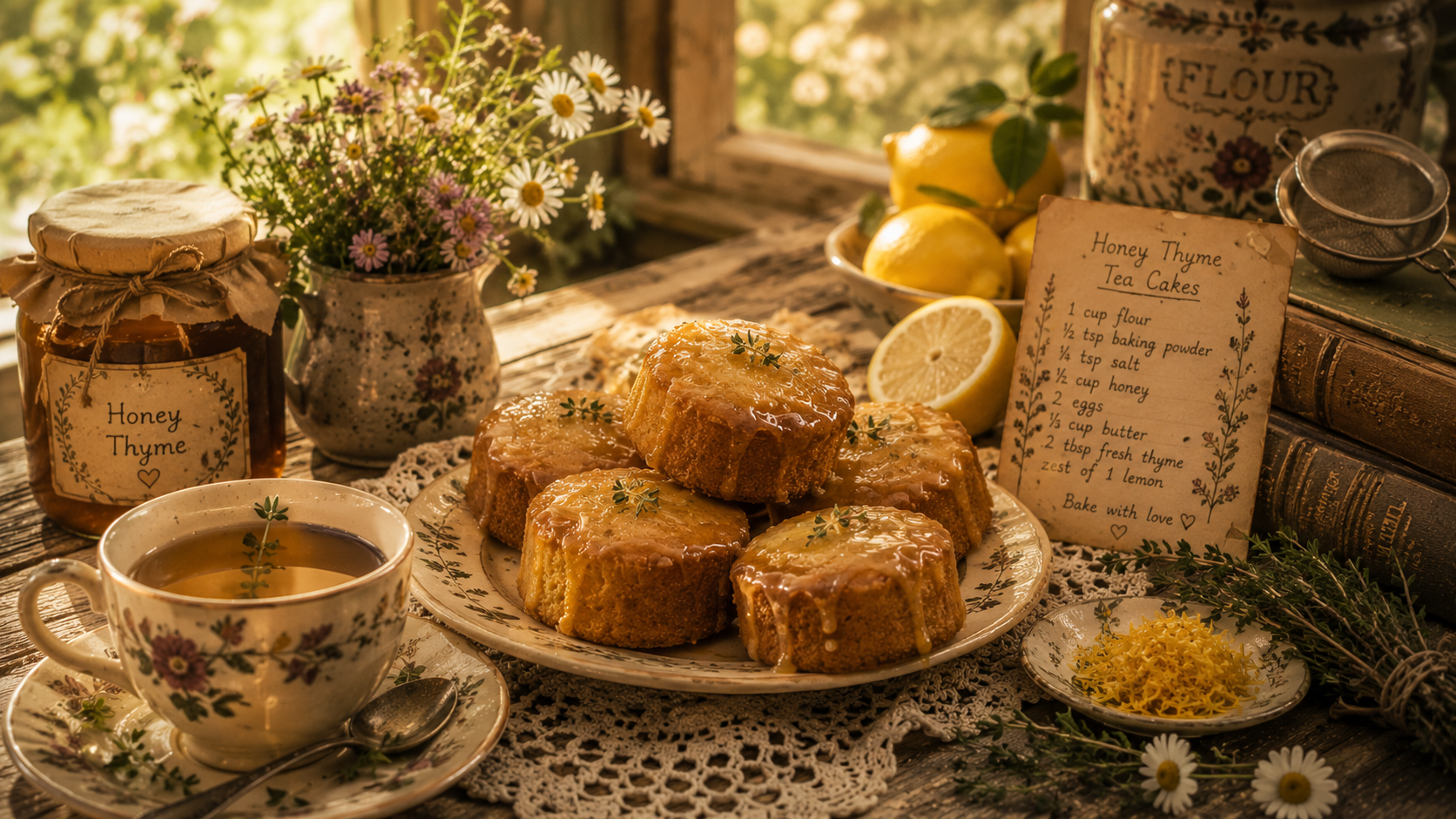 A rustic cottage kitchen table with golden honey thyme tea cakes, a teacup, lemon zest, and fresh thyme sprigs, warm summer light, inviting food photography style.
