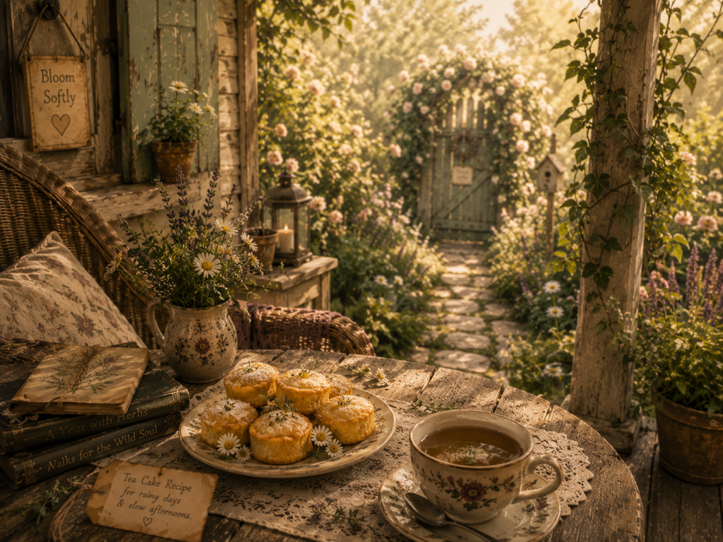 A porch scene with a plate of small tea cakes and a view toward a vine-covered garden gate in the distance, relaxed cottage afternoon mood, soft botanical details.