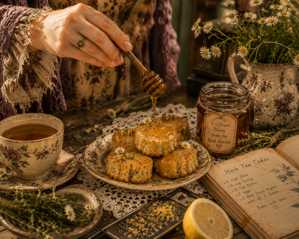 A close-up of a hand drizzling honey over tender herb tea cakes on vintage plates, cozy magical baking aesthetic, gentle golden tones.