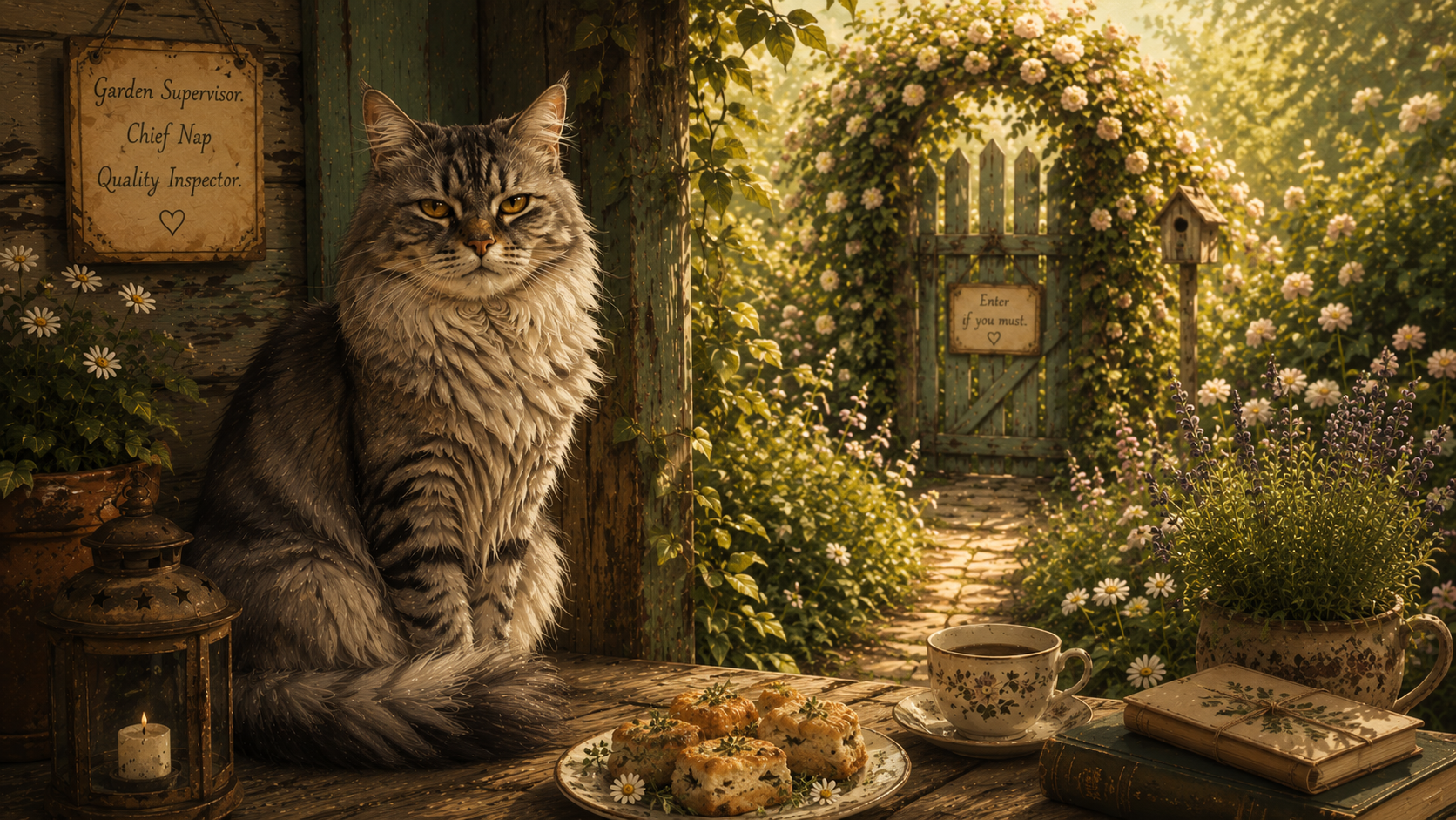 A dignified silver tabby cat sitting in porch shade with an overgrown cottage garden gate in the background, dry humorous mood, charming editorial illustration style.