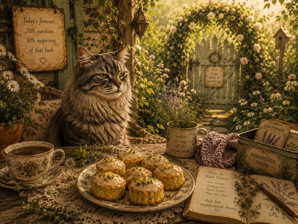 A cozy porch table with tea cakes and a cat watching the garden suspiciously, warm late-summer light, humorous cottagecore composition.