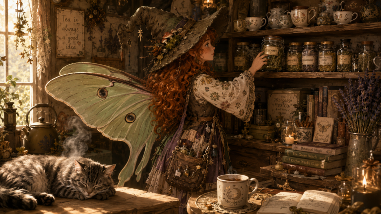 Maeve Moonbeam organizing the tea shelf