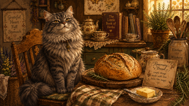 A proud fluffy grey cat sitting on a wooden chair in a rustic kitchen next to a freshly baked artisan rosemary loaf.