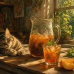 A condensation-covered glass pitcher of peach and mint iced tea and a glass full of ice sit in striped sunlight by a cottage window overlooking a green garden.