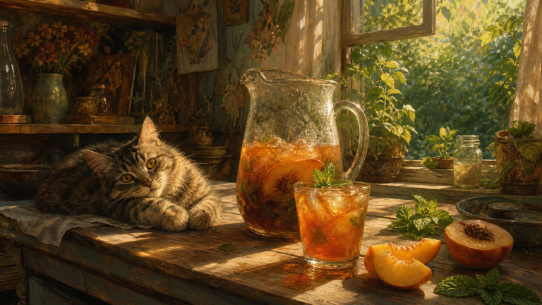 A condensation-covered glass pitcher of peach and mint iced tea and a glass full of ice sit in striped sunlight by a cottage window overlooking a green garden.