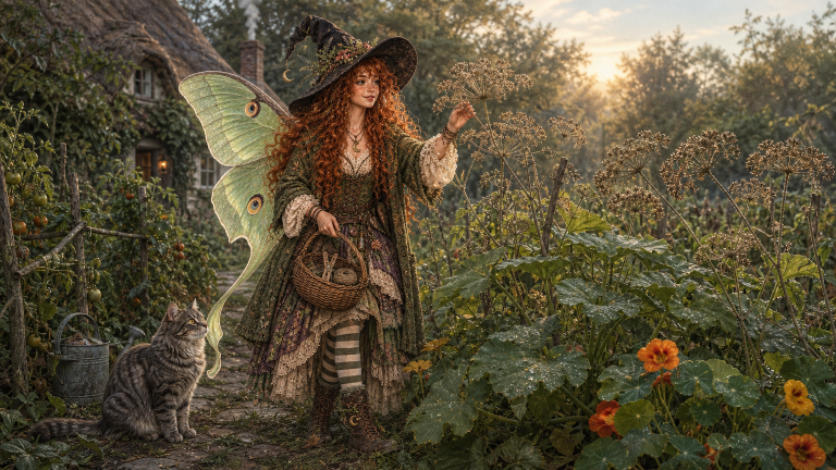 Maeve stands in a dew-wet early morning garden, touching dry dill seed heads while holding a small basket beneath the pale light beyond the trees.