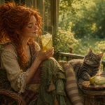 A chilled pale green-gold pear and ginger iced tea in a condensation-covered glass on a shaded porch, with pear slices, ginger, and a vivid green garden beyond.