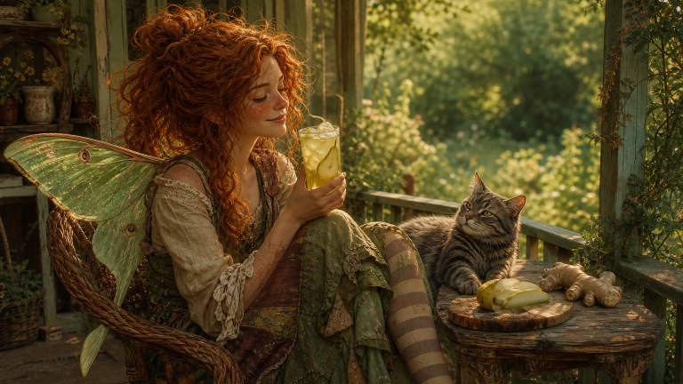 A chilled pale green-gold pear and ginger iced tea in a condensation-covered glass on a shaded porch, with pear slices, ginger, and a vivid green garden beyond.