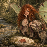 Maeve crouches beside a mossy woodland creek, looking at one rusty-red leaf resting on a gray stone among ferns and green banks.