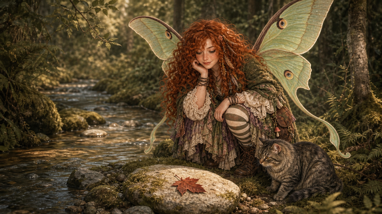 Maeve crouches beside a mossy woodland creek, looking at one rusty-red leaf resting on a gray stone among ferns and green banks.