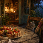 Roasted tomato and creamy white bean toasts on a porch table at blue hour, with a blanket on a nearby chair and warm cottage light glowing behind them.