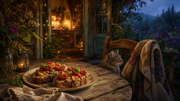 Roasted tomato and creamy white bean toasts on a porch table at blue hour, with a blanket on a nearby chair and warm cottage light glowing behind them.
