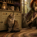 Smokey, a fluffy gray striped tabby with golden eyes, sits gravely beside an old cupboard on a worn rug while Maeve’s striped legs cross the evening-lit cottage behind him carrying a covered cup toward the door.