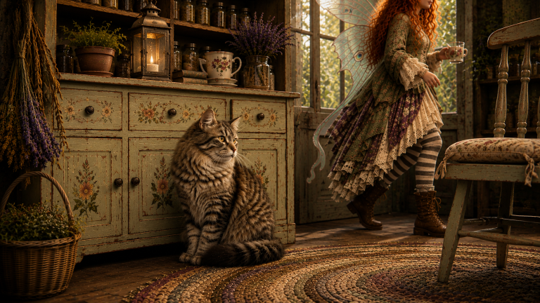Smokey, a fluffy gray striped tabby with golden eyes, sits gravely beside an old cupboard on a worn rug while Maeve’s striped legs cross the evening-lit cottage behind him carrying a covered cup toward the door.