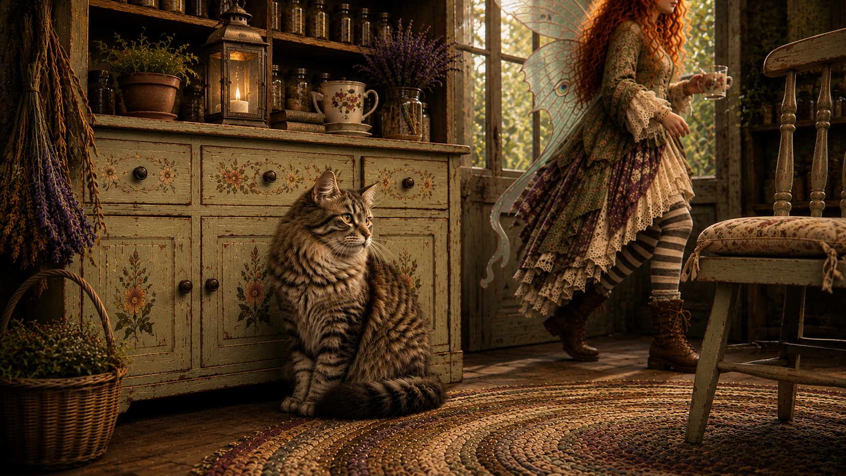 Smokey, a fluffy gray striped tabby with golden eyes, sits gravely beside an old cupboard on a worn rug while Maeve’s striped legs cross the evening-lit cottage behind him carrying a covered cup toward the door.