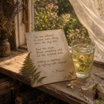 Maeve’s handwritten note sits on a sunny windowsill beside a condensation-covered glass of iced herbal tea, with a pressed fern tucked underneath and a sheer curtain drifting in the breeze.