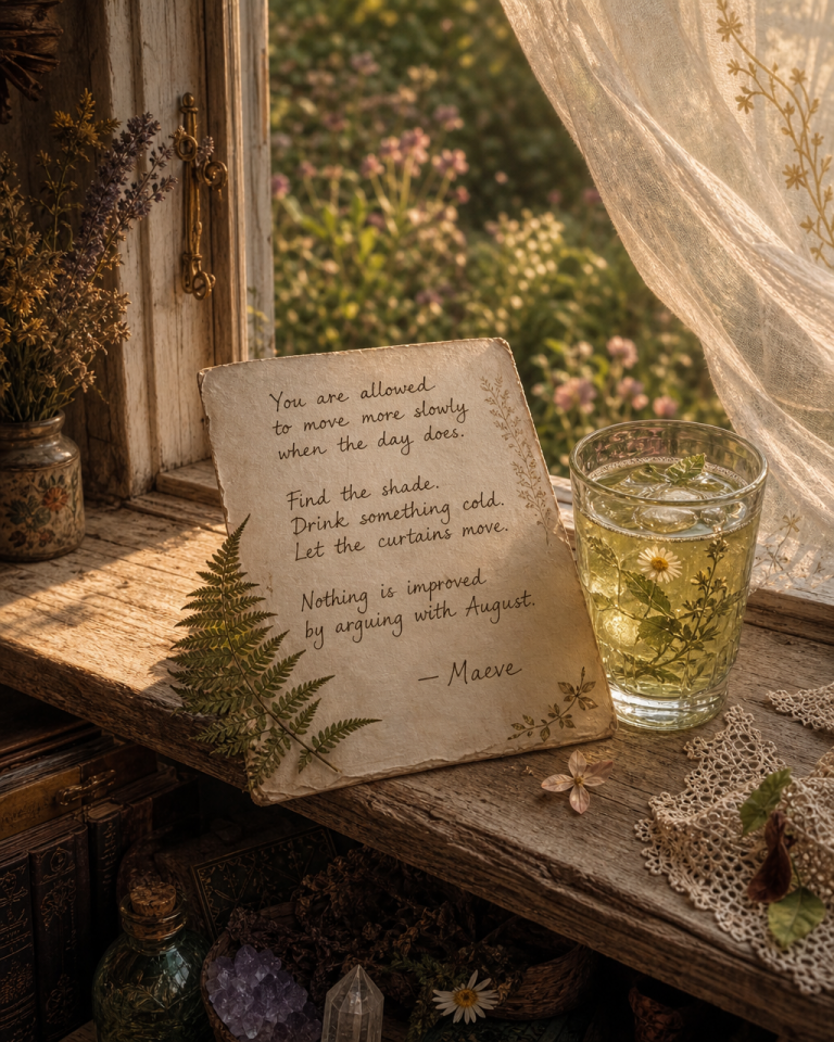Maeve’s handwritten note sits on a sunny windowsill beside a condensation-covered glass of iced herbal tea, with a pressed fern tucked underneath and a sheer curtain drifting in the breeze.