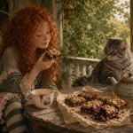 Golden blackberry crumble bars with dark berry filling sit on parchment beside a teapot and teacup on a sunlit cottage porch.