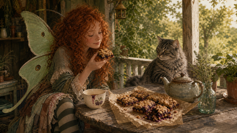 Golden blackberry crumble bars with dark berry filling sit on parchment beside a teapot and teacup on a sunlit cottage porch.