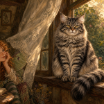 A fluffy gray tabby cat sits sternly on an open cottage windowsill as curtains blow around him, while a small bird in the evening garden stares back from outside.
