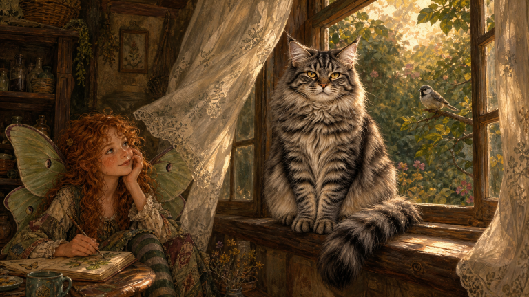 A fluffy gray tabby cat sits sternly on an open cottage windowsill as curtains blow around him, while a small bird in the evening garden stares back from outside.