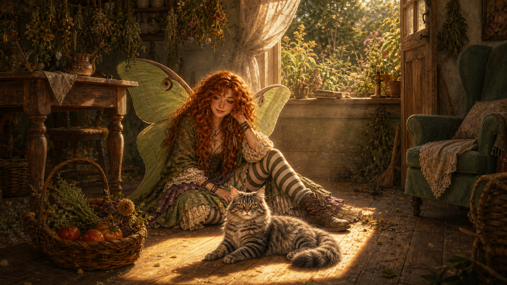 Maeve sits on warm cottage floorboards beside a basket of tomatoes and herbs while Smokey naps in the brightest part of a long amber sunbeam.