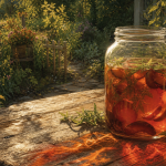 A large glass jar of rosy amber plum and lemon verbena sun tea glows on a weathered garden table, with plum slices visible through the tea and a plum-gold shadow falling across the wood.