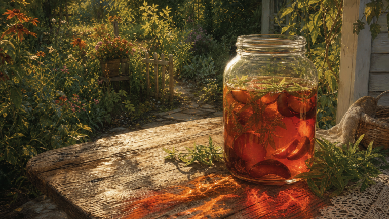 A large glass jar of rosy amber plum and lemon verbena sun tea glows on a weathered garden table, with plum slices visible through the tea and a plum-gold shadow falling across the wood.