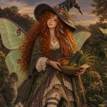 Maeve pauses in an overgrown cottage garden at dusk with a shallow bowl holding tomatoes, herbs, a bean, and a large zucchini, surrounded by tall stems and fading flowers.