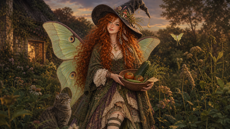 Maeve pauses in an overgrown cottage garden at dusk with a shallow bowl holding tomatoes, herbs, a bean, and a large zucchini, surrounded by tall stems and fading flowers.