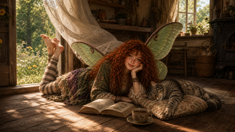 Maeve lies on the cool kitchen floor beside an open door while Smokey sleeps on her pillow and a curtain lifts in the breeze.