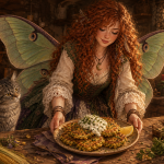 An old ceramic plate of crisp corn and zucchini fritters topped with lemon herb cream on a worn cottage-kitchen table, with corn husks, herbs, and warm evening light nearby.