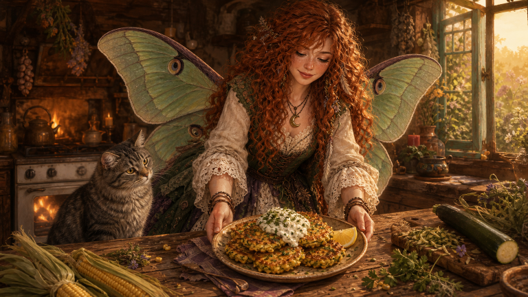 An old ceramic plate of crisp corn and zucchini fritters topped with lemon herb cream on a worn cottage-kitchen table, with corn husks, herbs, and warm evening light nearby.