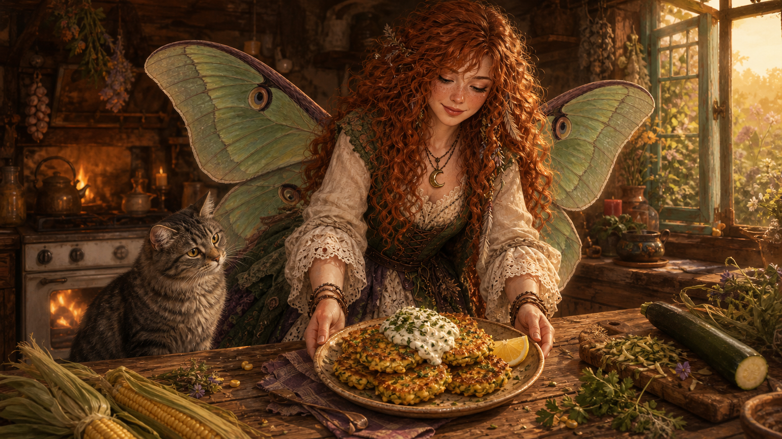 An old ceramic plate of crisp corn and zucchini fritters topped with lemon herb cream on a worn cottage-kitchen table, with corn husks, herbs, and warm evening light nearby.