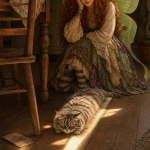 Smokey, a fluffy gray striped tabby with golden eyes, stubbornly squeezes into a very narrow strip of evening sunlight beside a wooden chair leg in a cozy cottage room.