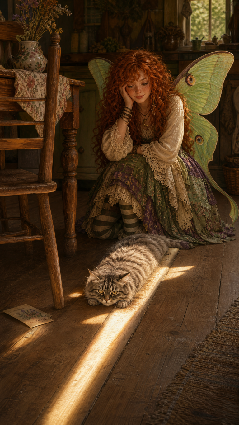 Smokey, a fluffy gray striped tabby with golden eyes, stubbornly squeezes into a very narrow strip of evening sunlight beside a wooden chair leg in a cozy cottage room.