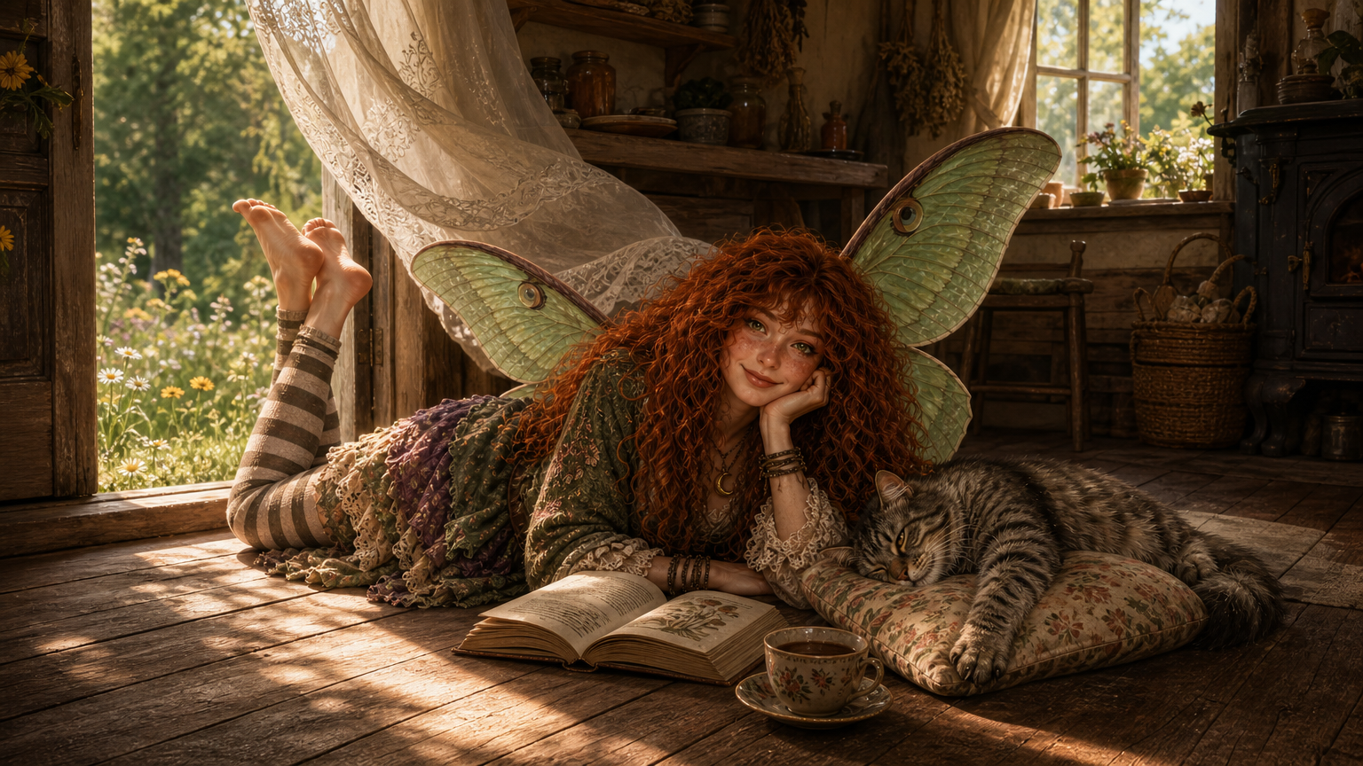 Maeve lies on the cool kitchen floor beside an open door while Smokey sleeps on her pillow and a curtain lifts in the breeze.