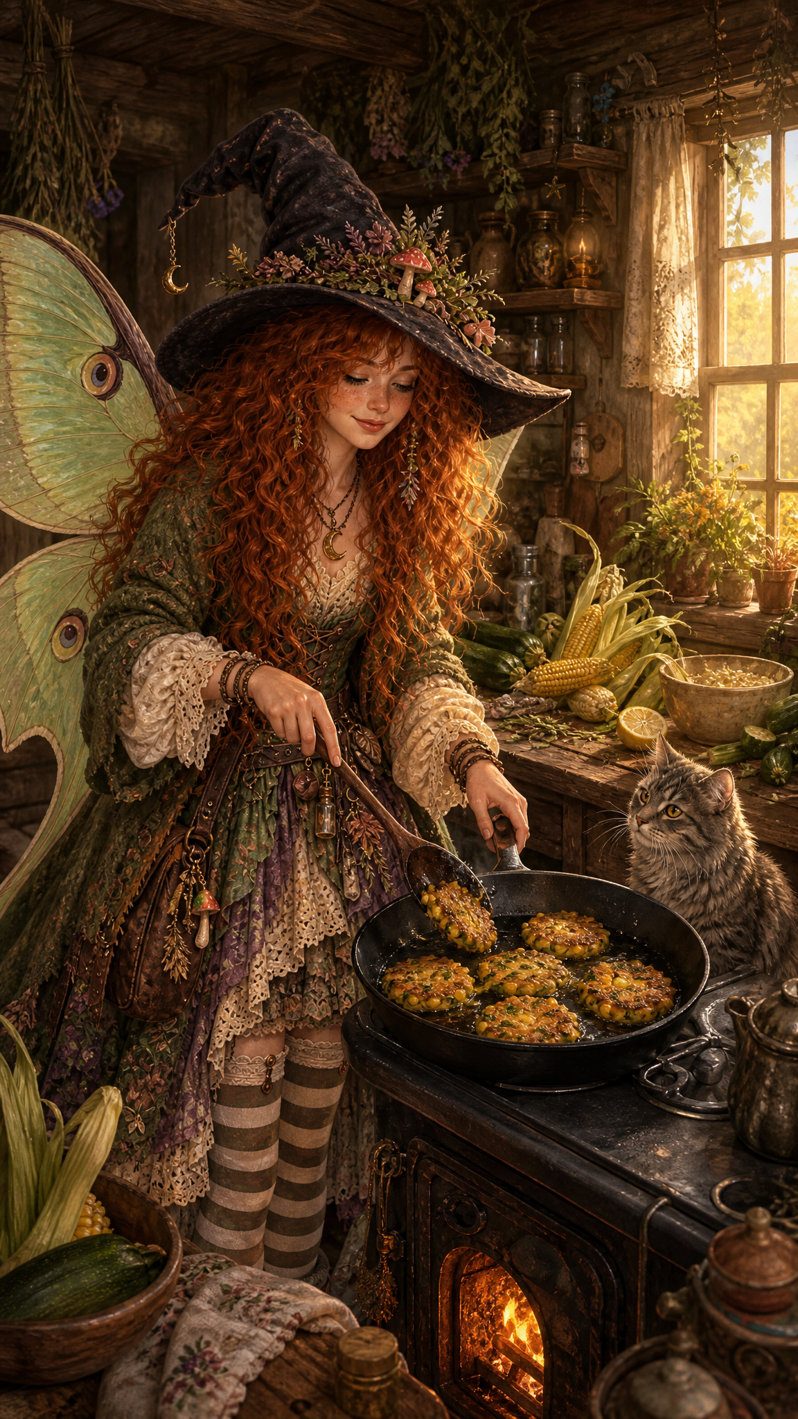 Maeve cooks golden corn and zucchini fritters in a black skillet at her warm cottage stove, with a sunlit sage-green wing and a cluttered worktable behind her.