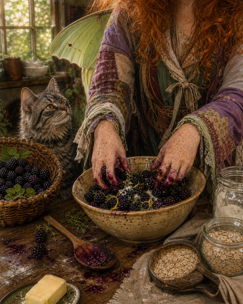 Purple-stained hands toss blackberries with lemon zest and thyme in a ceramic bowl beside oats, flour, butter, and a basket of berries.