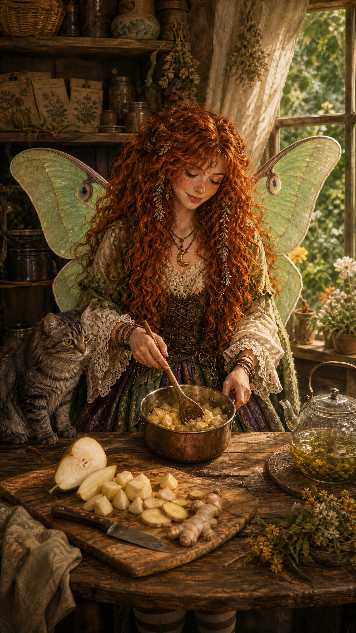 Maeve crushes softened pear and ginger in a small saucepan at a worn kitchen counter, with sliced pear, an old knife, cooling tea, and curled seed envelopes on a shelf behind her.