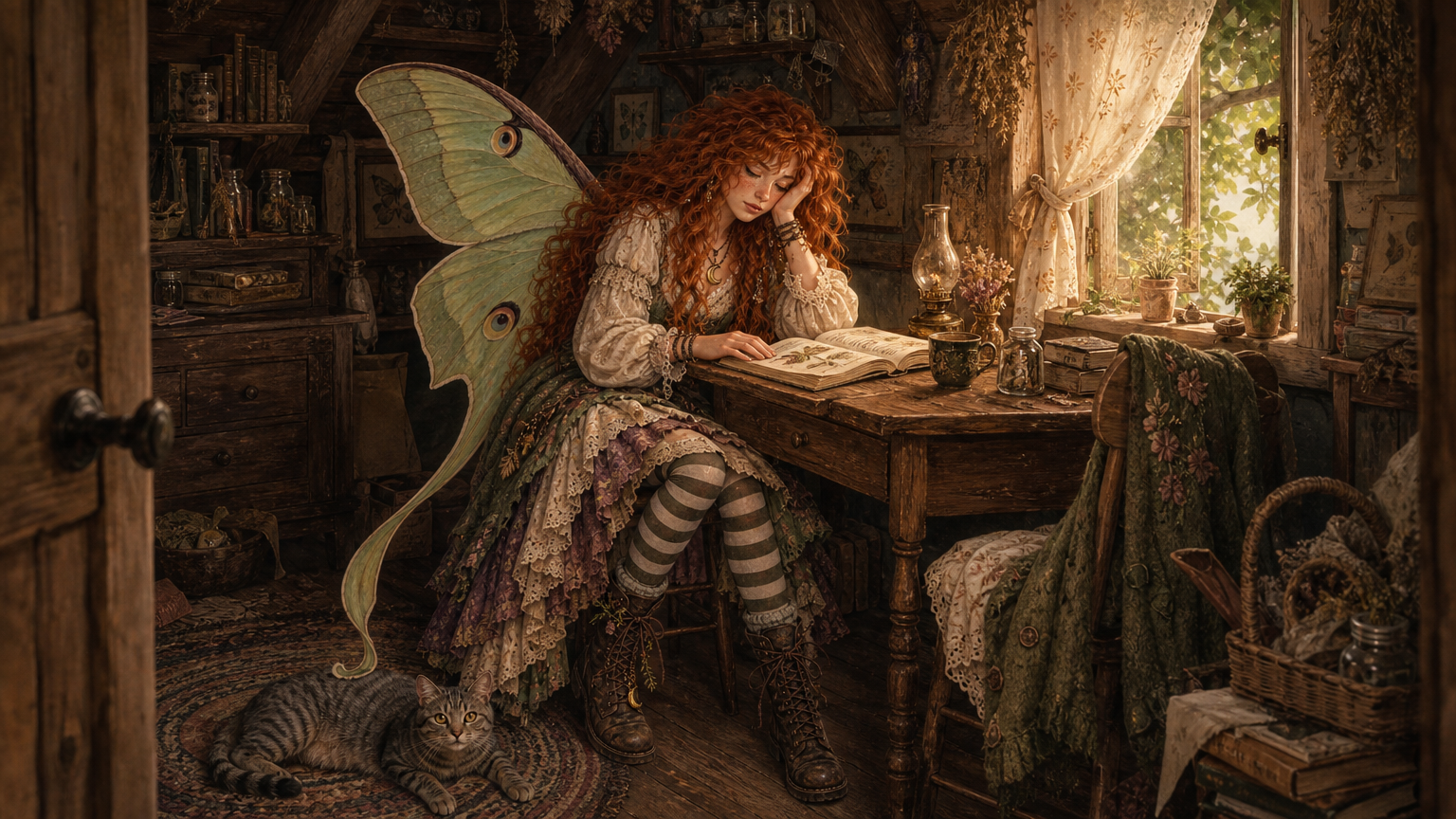 Maeve sits overheated at her attic desk beside an open window, with her cardigan folded over a chair.