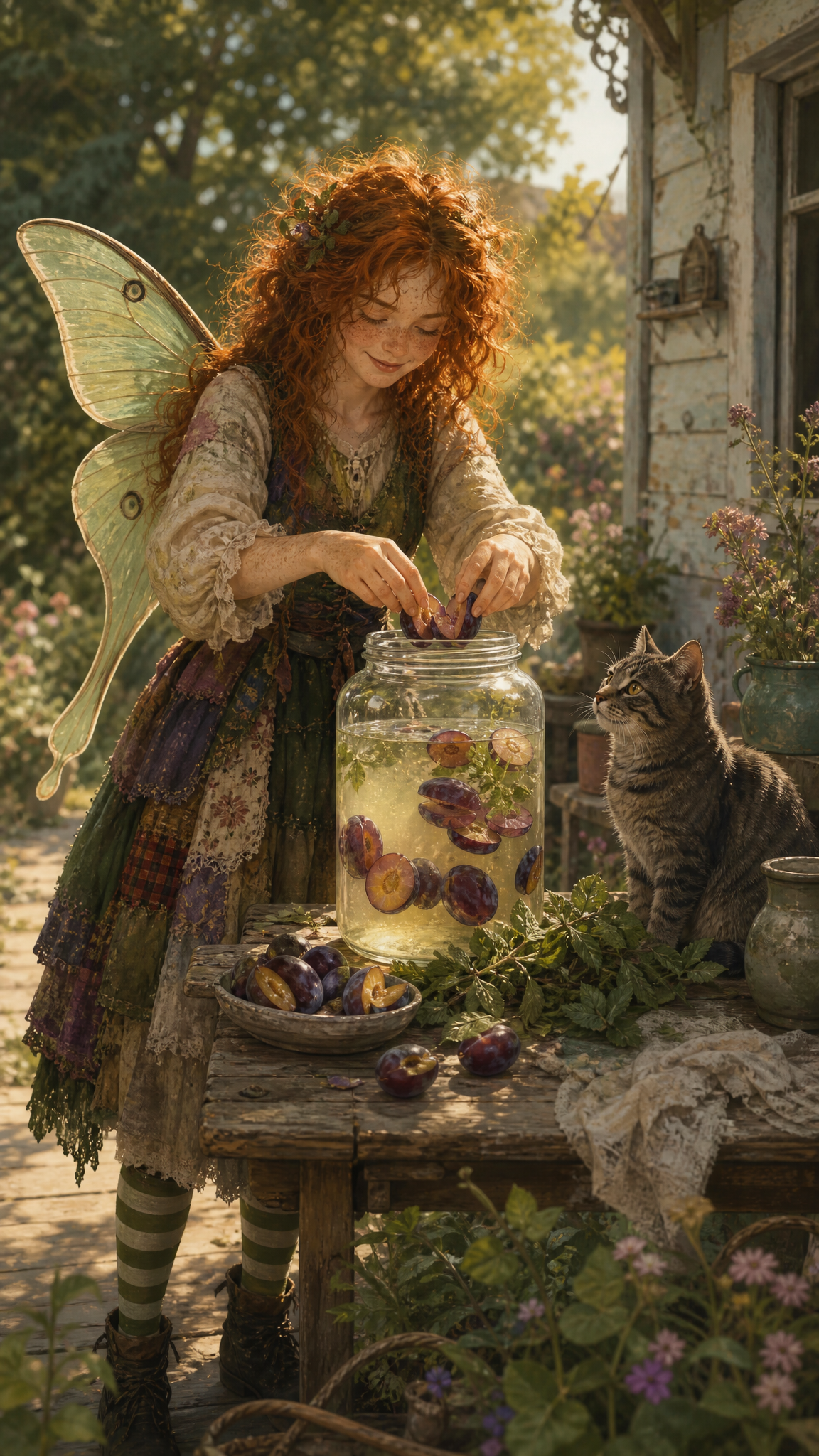 Freckled hands add ripe plum slices and lemon verbena to a clear jar of water and green tea on a sunny garden table.