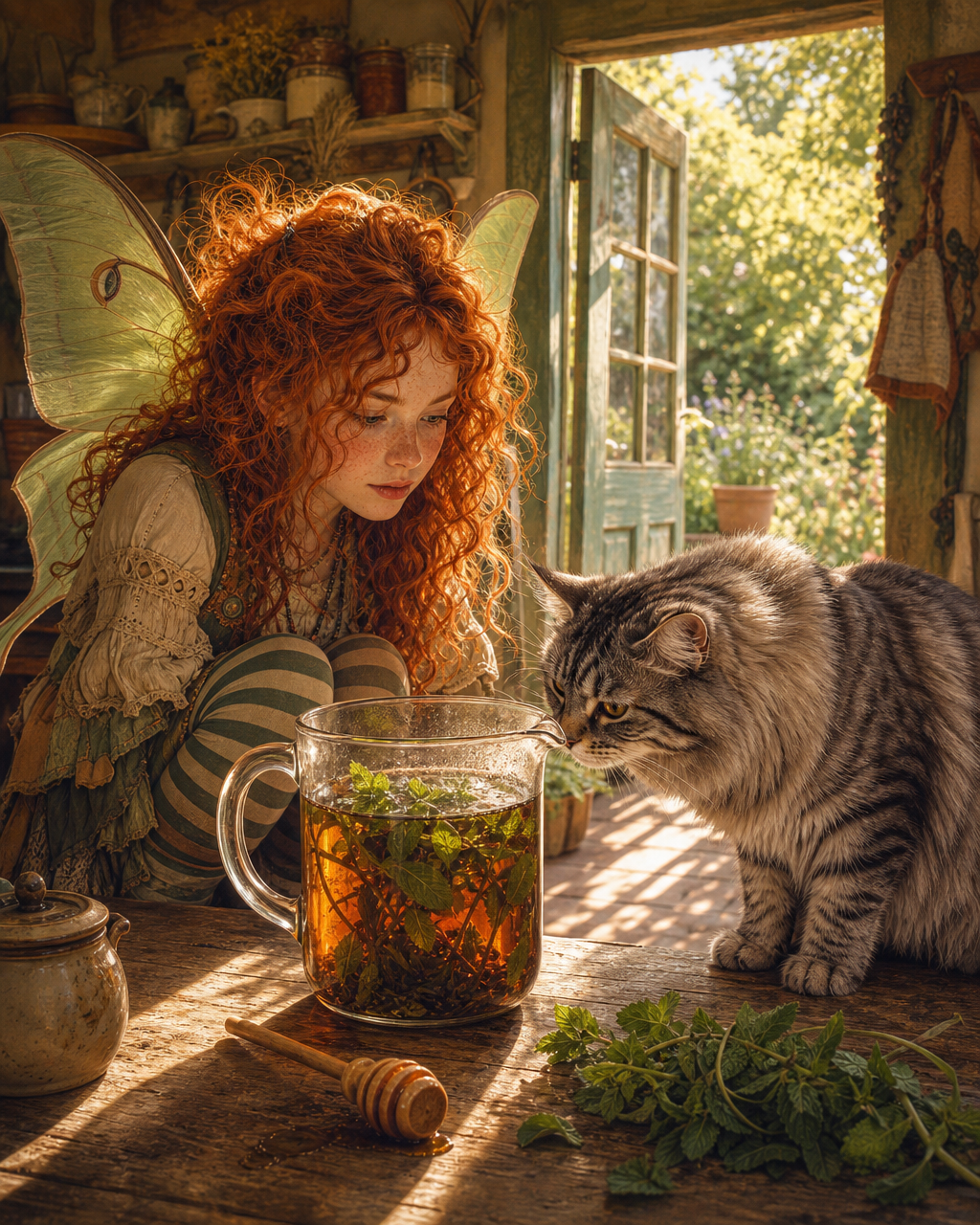 Smokey the gray tabby cautiously sniffs a jug of steeping mint and black tea on a sunny cottage kitchen counter.