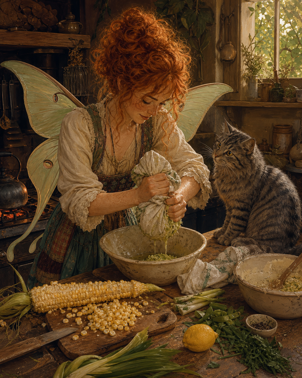 Grated zucchini is squeezed in a kitchen towel over an old bowl beside corn kernels, herbs, scallions, and a lemon on a worn wooden worktable.