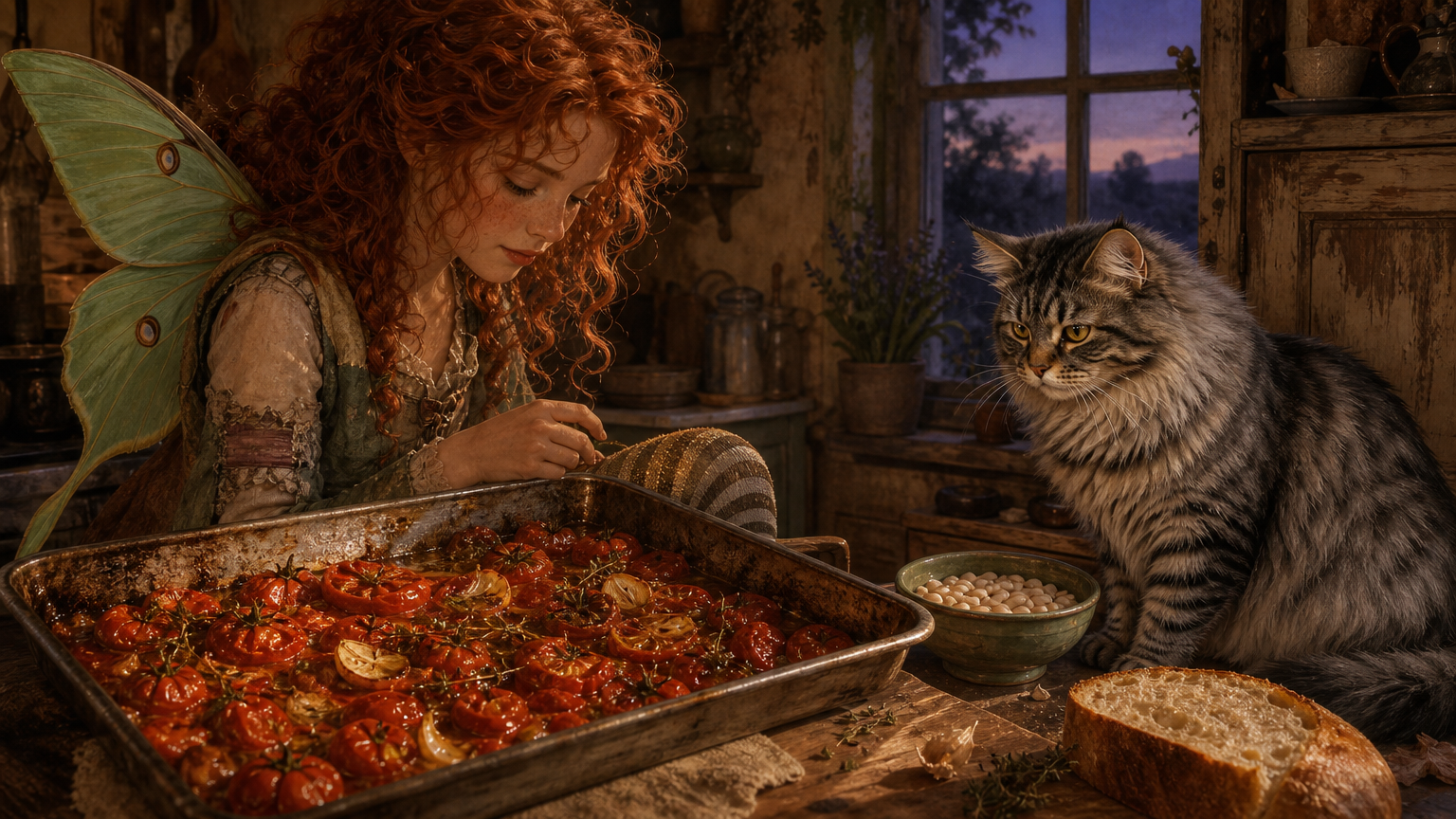 Smokey watches a tray of glossy roasted tomatoes and garlic on a kitchen counter beside a bowl of white beans and toasted bread.
