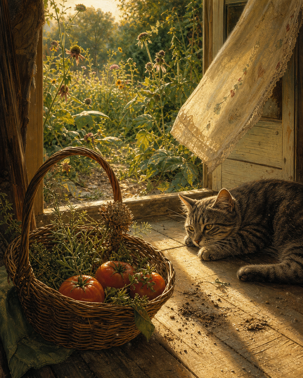 A garden basket with tomatoes, herbs, and a dry flower head sits beside an open cottage doorway, with dirt on the floor and a tired late-summer garden beyond.