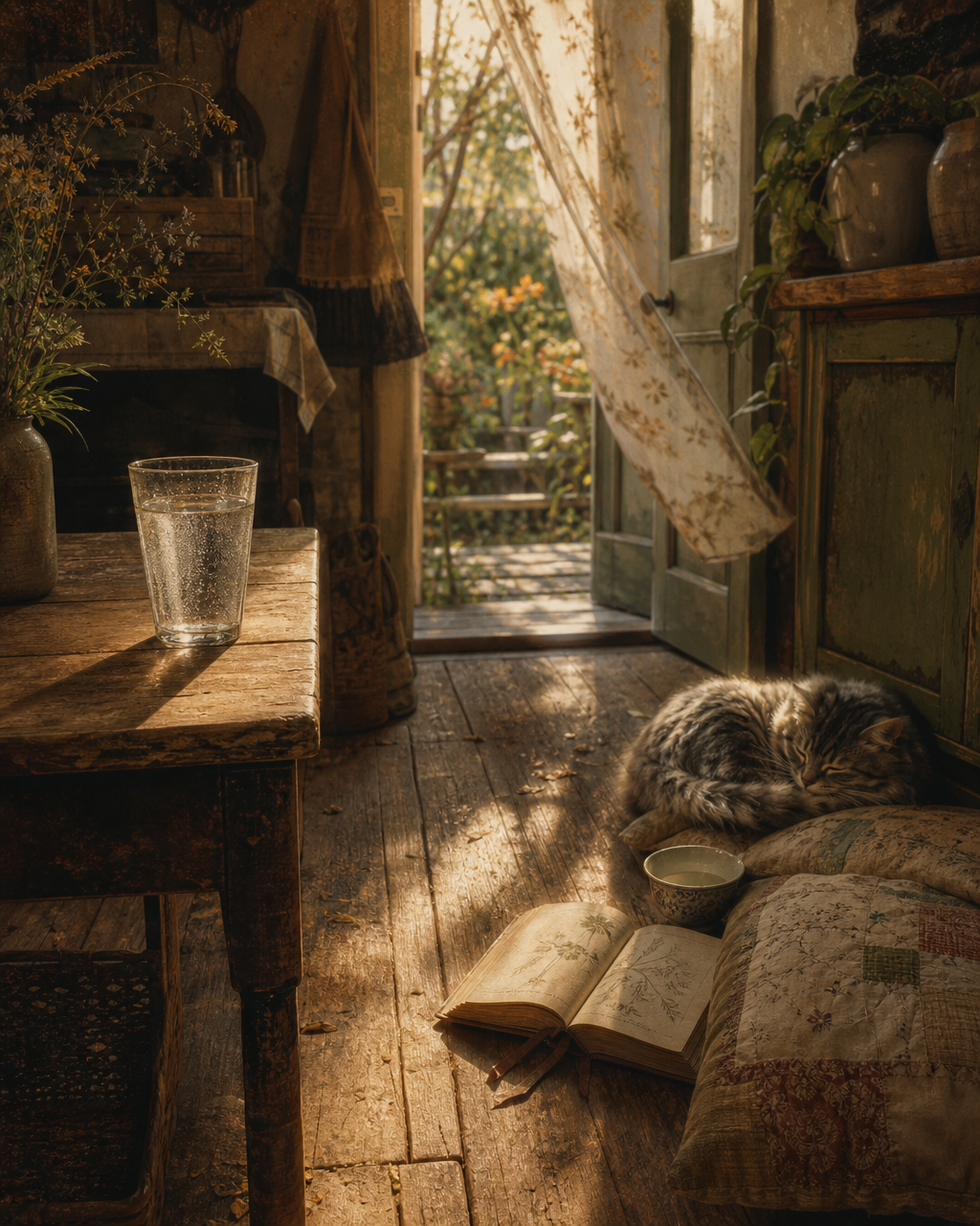 Condensation runs down a glass of water above an open book, tea, and pillow near a breezy cottage doorway.
