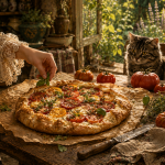 A rustic tomato and herb galette with golden pastry, ricotta and fresh basil rests on Maeve's cottage kitchen table beside freshly picked August tomatoes and herbs.