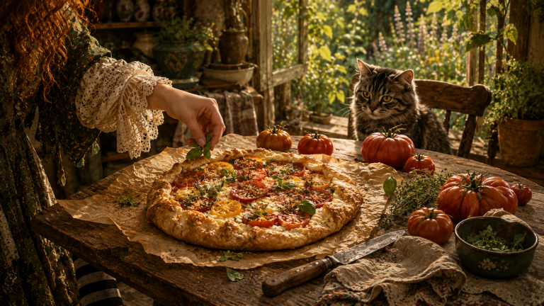 A rustic tomato and herb galette with golden pastry, ricotta and fresh basil rests on Maeve's cottage kitchen table beside freshly picked August tomatoes and herbs.